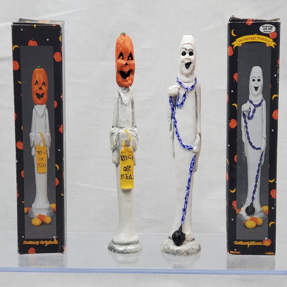 Set of 2 Vintage Hermitage Pottery Ceramic Halloween Figurines Ghost Pumpkin 8"